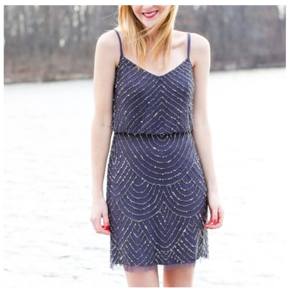 Adrianna Papell Fully Beaded Geometric Blouson Mini Dress, Sz 10, Blue & Bronze